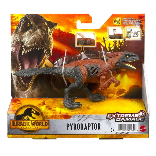 Jurassic World Dominion Extreme Damage Pyroraptor Dinosaur Action Figure Toy, Battle Play