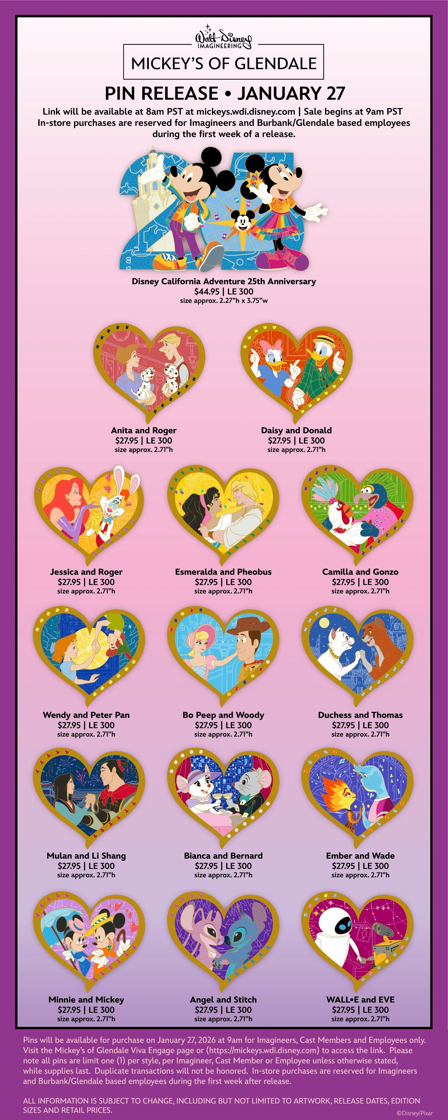Mickey’s of Glendale - January 27th - WDI Pin Release - Valentine Gem Hearts Series 3 - Limited Edition 300